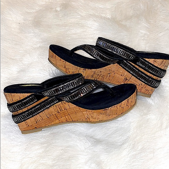 VOLATILE Leather/Cork Baguette Embellished Sandals
